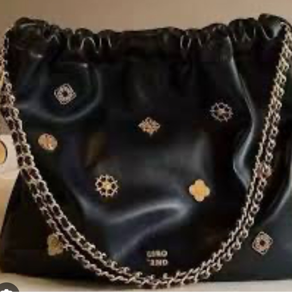 Black Faux Leather Chain Shoulder Bag Gold Accents Large Tote Purse New